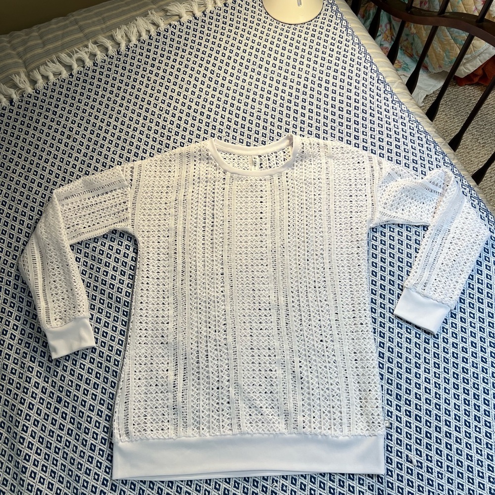 Fabletics Sophie White Crew Neck Sweater Open Weave Swim Cover Up - Picture 2 of 8